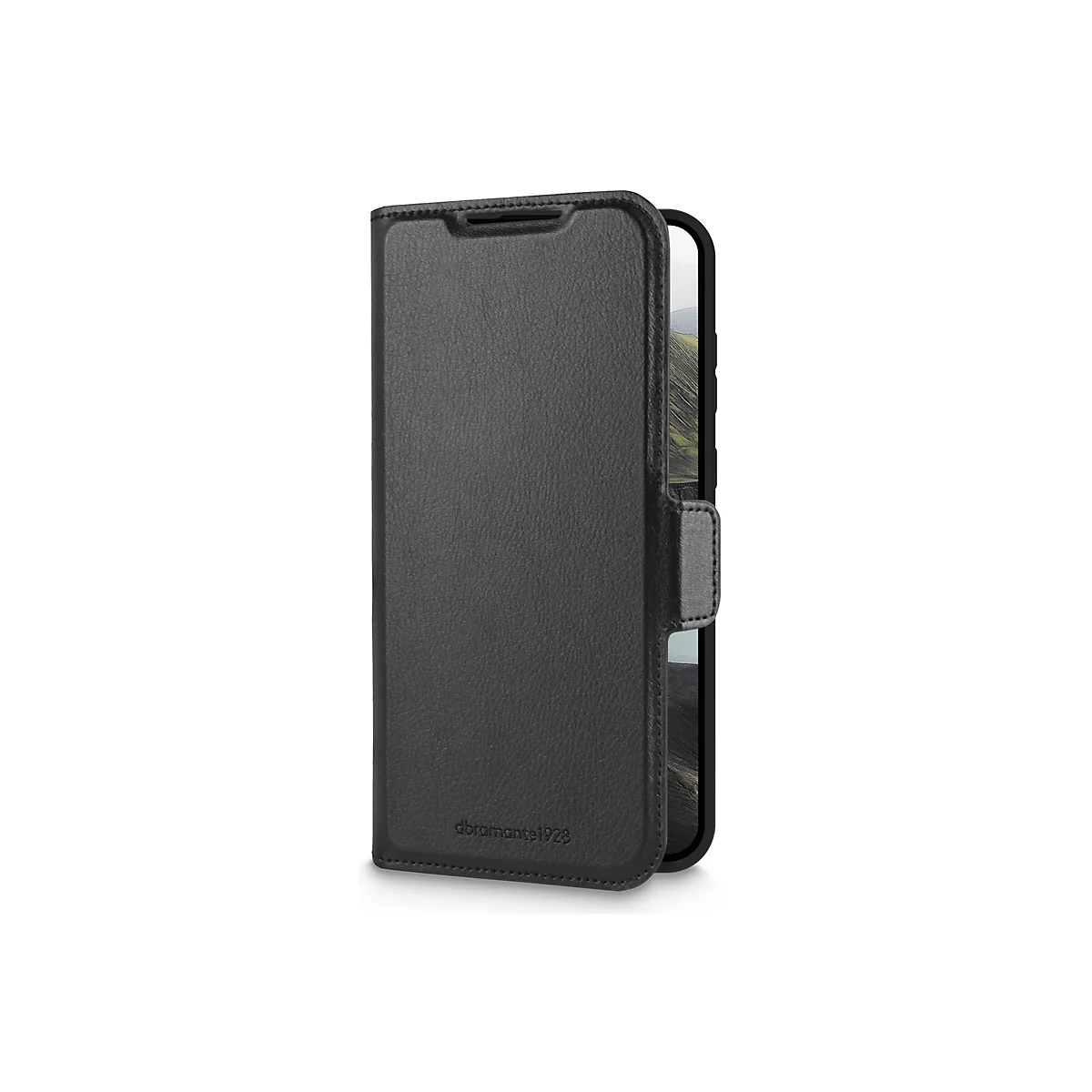 Schwarze Handyhülle aus Leder mit Klappfunktion. Die Hülle zeigt das Handy, das geöffnet ist.