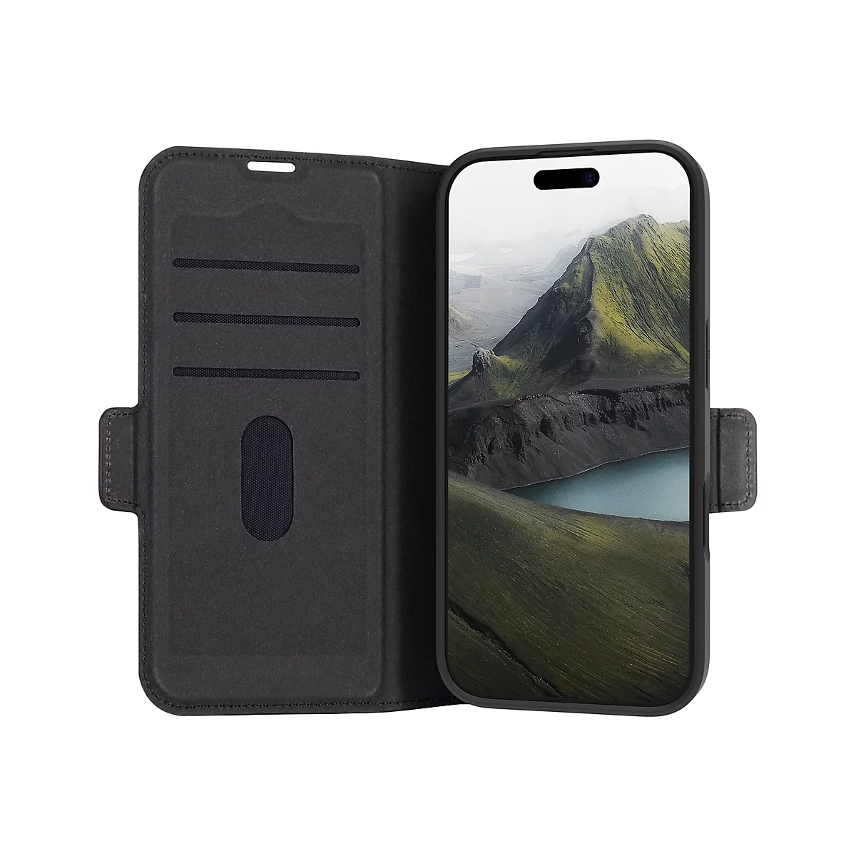 Schwarzes Klappetui mit Handy. Geöffnet mit Handy-Display, das eine Berglandschaft zeigt.