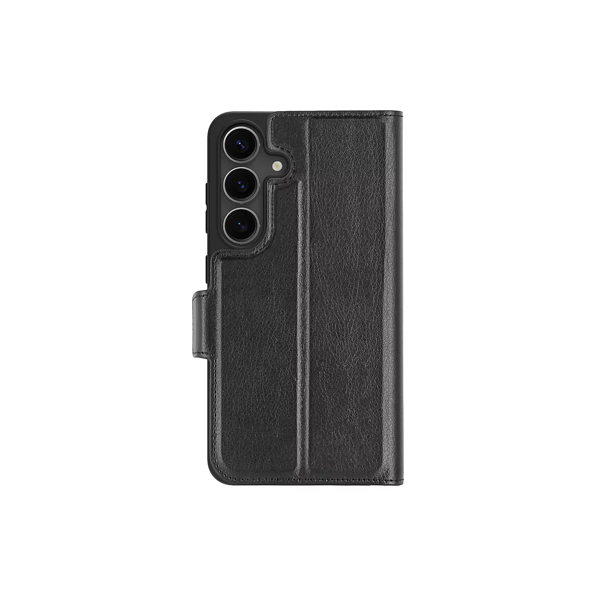 Schwarze Handyhülle mit Klappfunktion, Lederoptik, geschlossener Zustand, vor weißem Hintergrund.