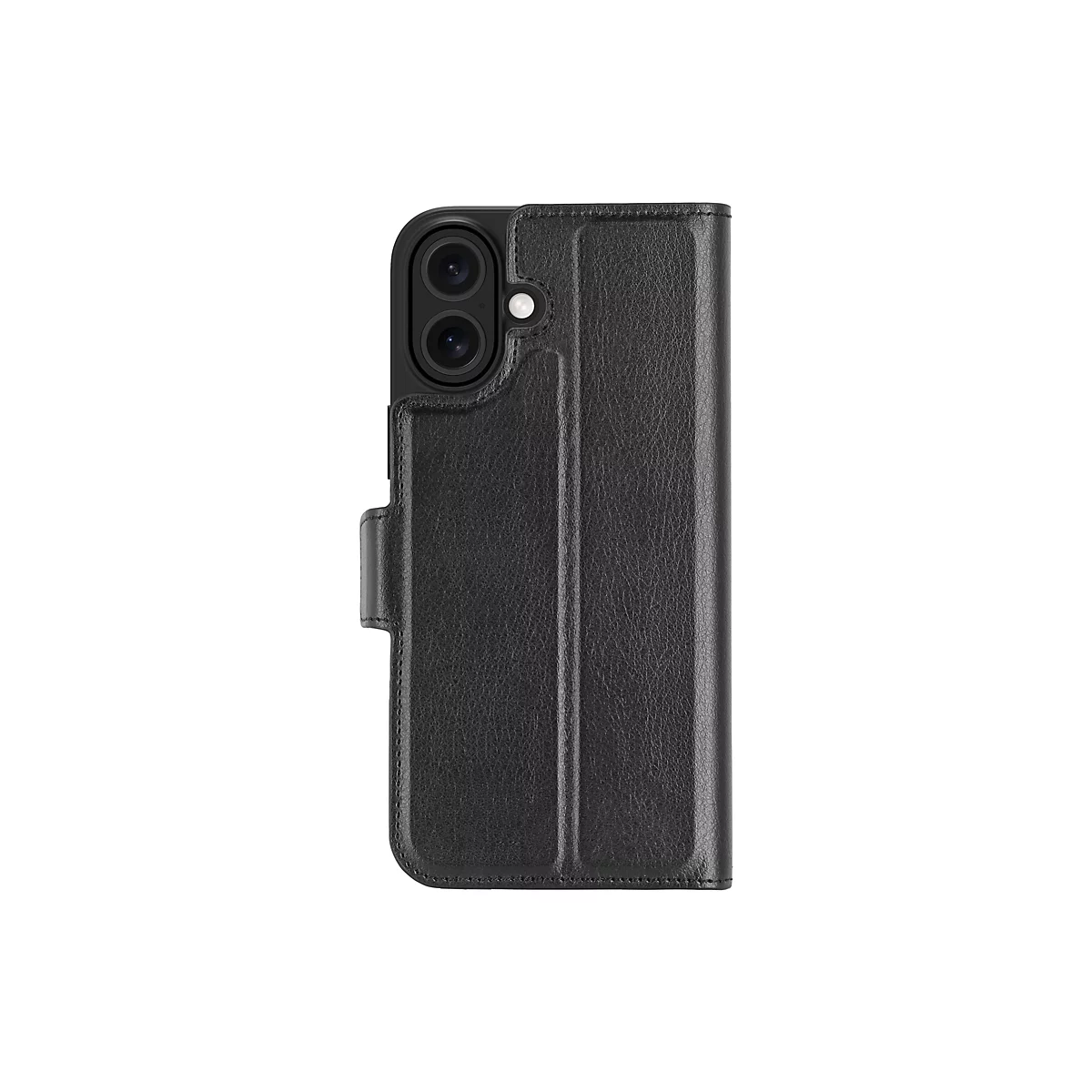 Schwarze Handyhülle aus Leder mit Kameraausschnitt und Klappe. Die Hülle steht aufrecht auf weißem Hintergrund.