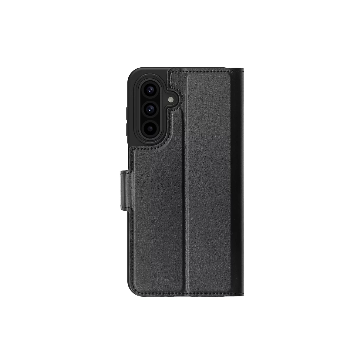 Schwarze Handyhülle im Portemonnaie-Stil, seitlich betrachtet. Auf der linken Seite befinden sich die Aussparungen für die Kamera und die Tasten. Der Verschluss ist mit einem kleinen Lederriemen versehen.