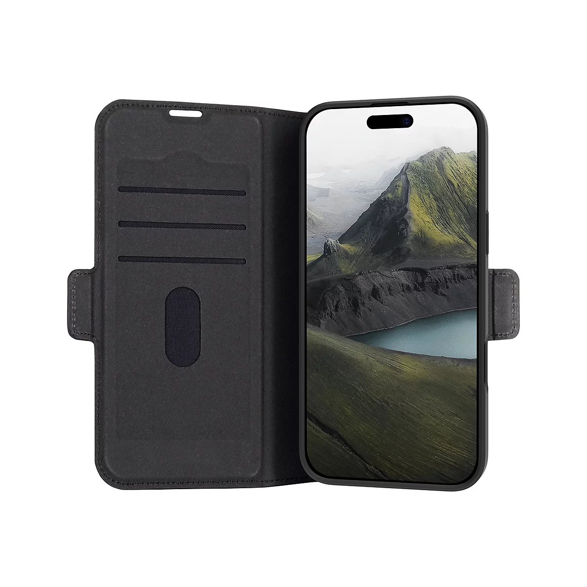 Schwarze Handyhülle mit geöffnetem Deckel, der das Handy mit Berglandschaft zeigt.