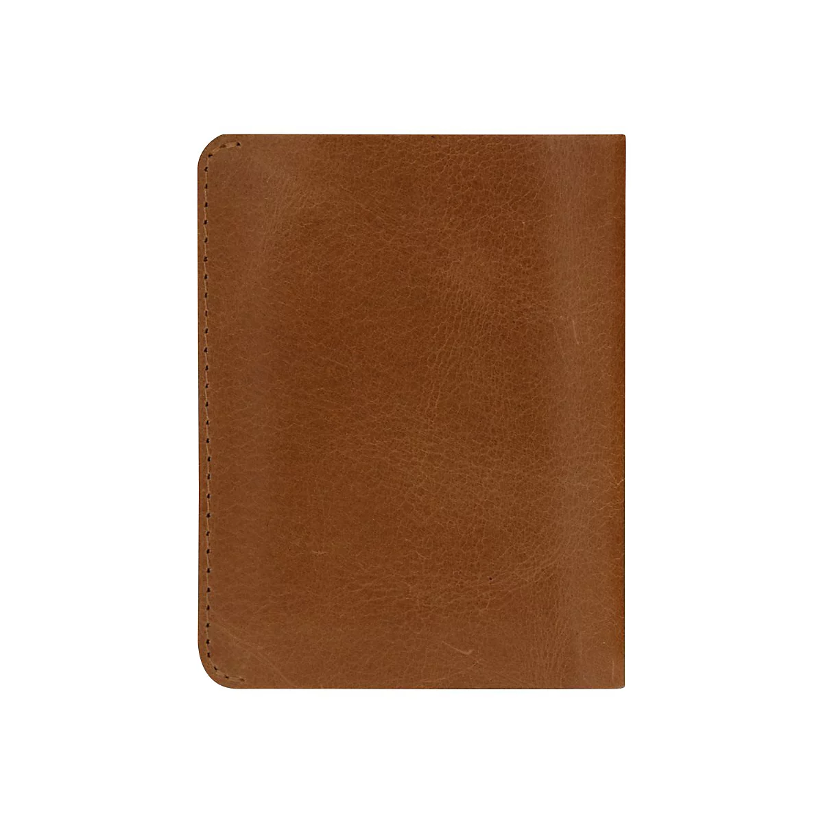 Rechteckige Lederhülle in Braun, Naht an der Seite. Abgerundete Ecke. Strukturierte Oberfläche.
