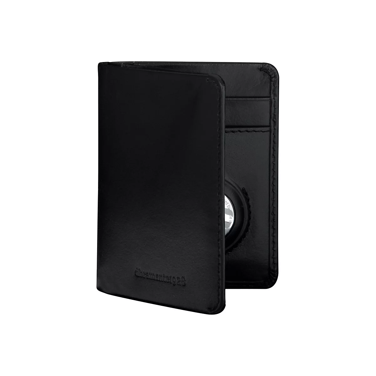 Schwarzes Leder-Kartenetui, geöffnet. Logo auf der unteren rechten Ecke. Innenseite mit Fächern und einem silbernen Kreis.