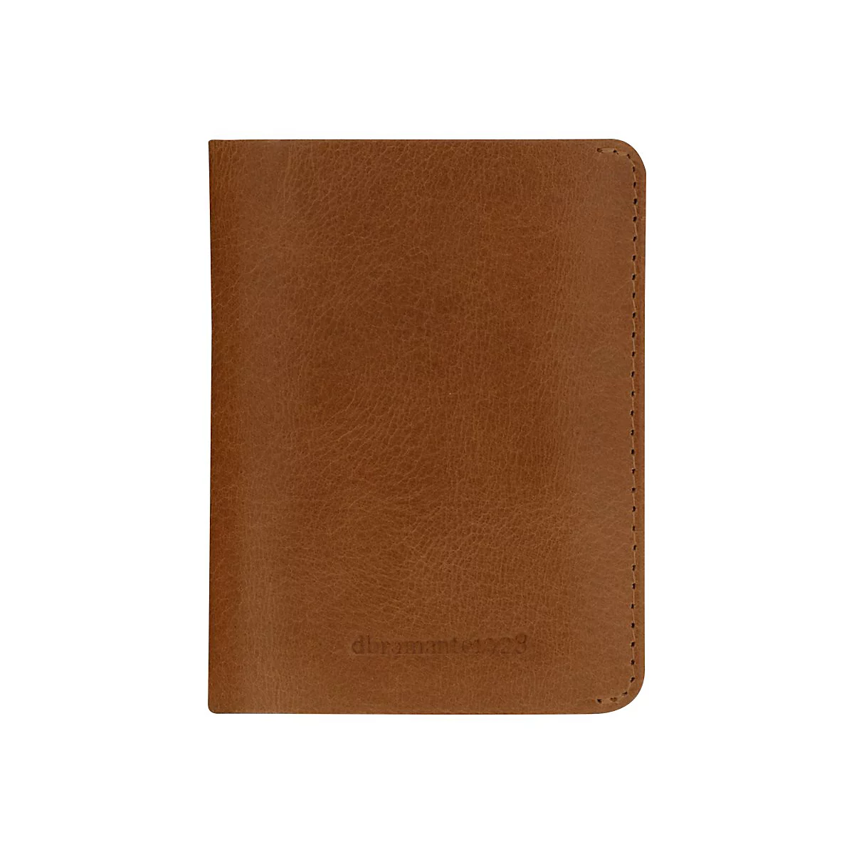 Hellbraunes, ledernes Notizbuch mit abgerundeten Ecken. Oben rechts ist eine Naht zu sehen, unten links steht in kleiner Schrift 'dbramante1928'.