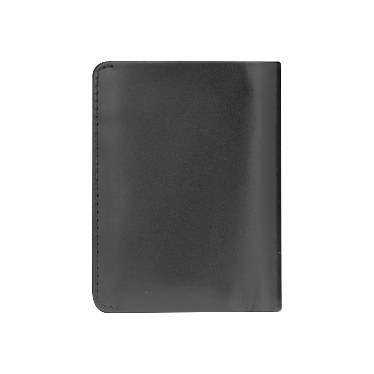 Schwarzes Lederetui im Hochformat. An der linken Seite ist eine Naht sichtbar. Der Hintergrund ist weiß.