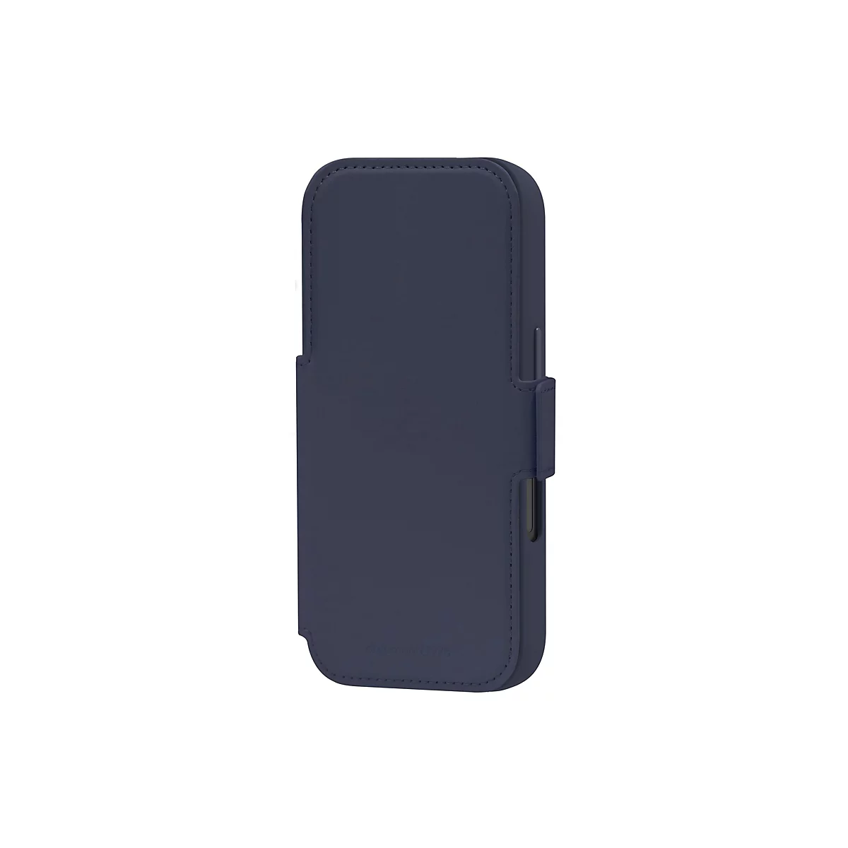 Étui de téléphone en cuir bleu foncé, avec coutures et fermeture. Un logo est visible en bas.