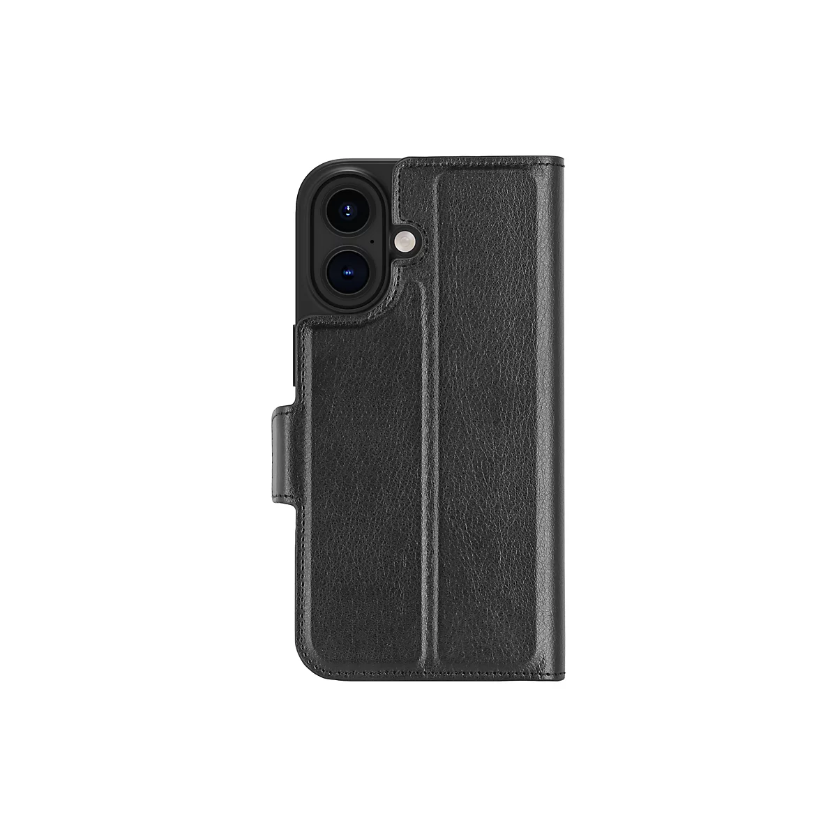 Étui de téléphone noir avec rabat pliant intégré et zone de caméra. L'étui présente une texture semblable au cuir et une fermeture.
