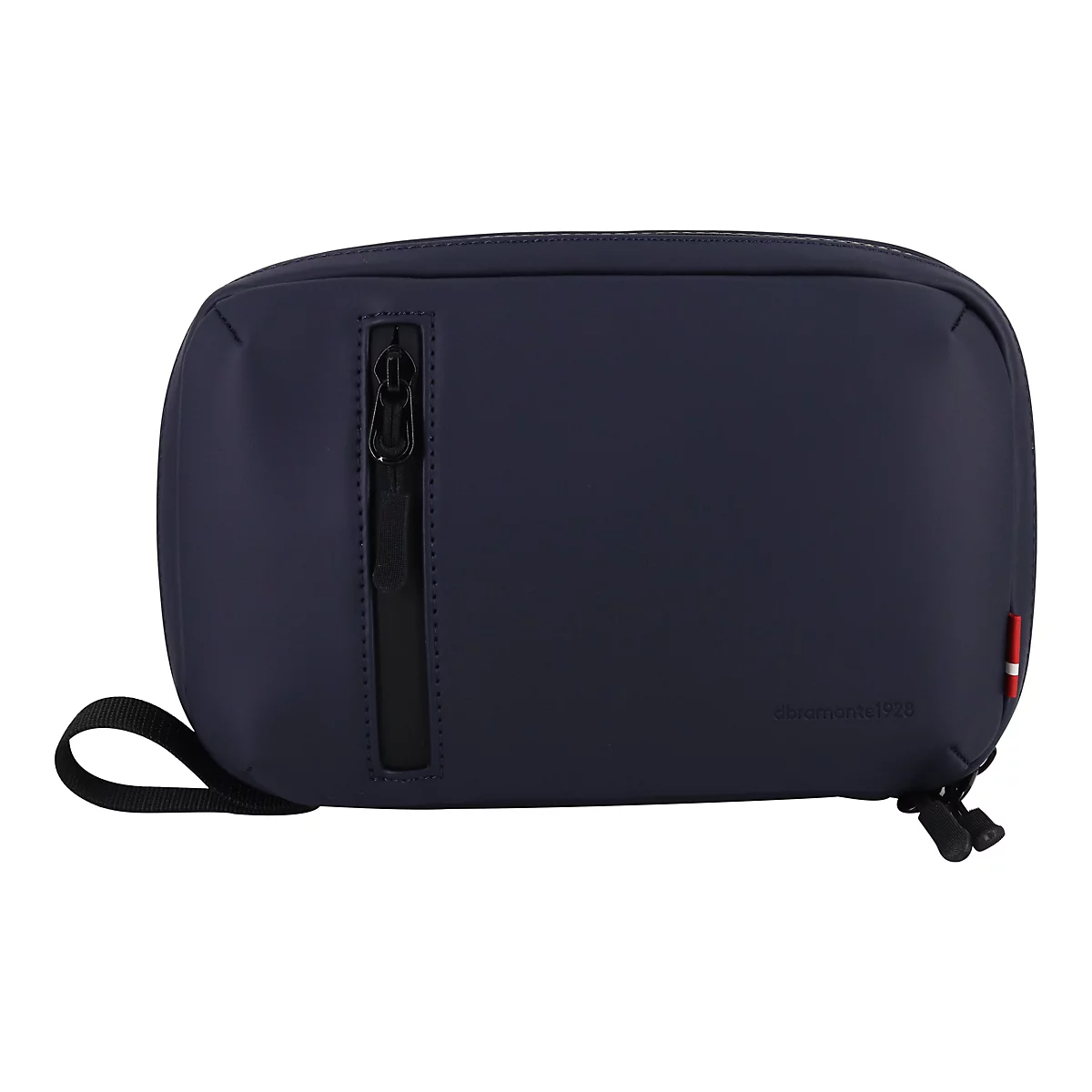 Dunkelblaue Kosmetiktasche mit Reißverschluss, Trageschlaufe und Firmenlogo.