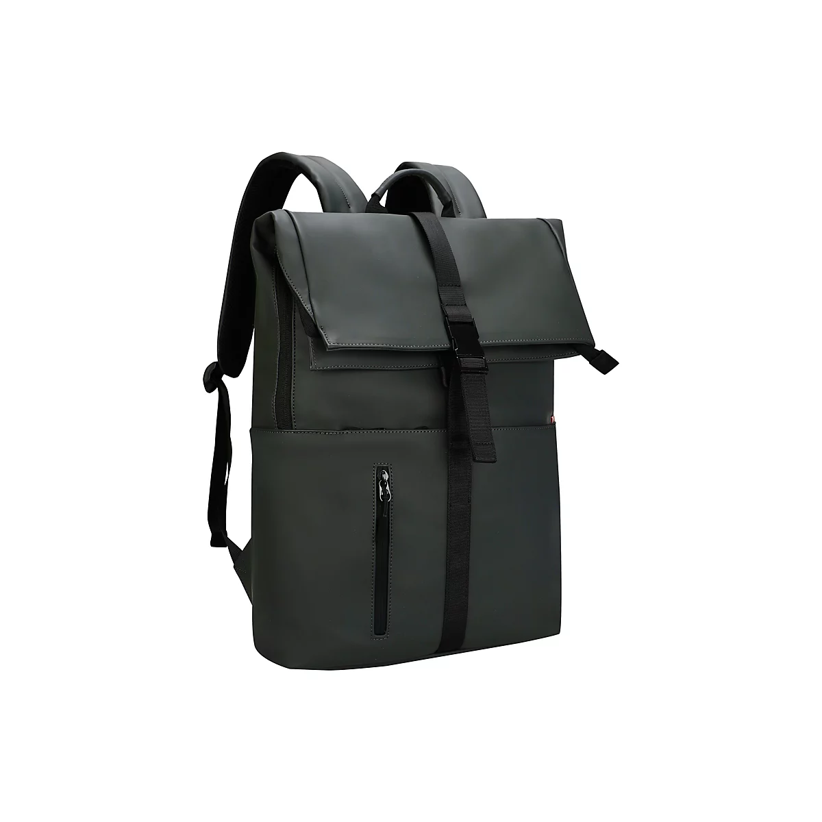 Dunkelgrüner Rucksack mit Klappe, schwarzem Träger und Reißverschlusstasche.