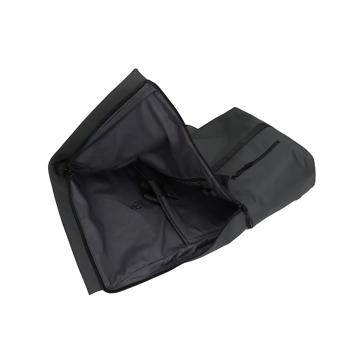 Dunkelgrauer Rucksack, teilweise geöffnet. Innen dunkelgraues Futter, Reißverschlüsse und Trageriemen. Weißer Hintergrund.