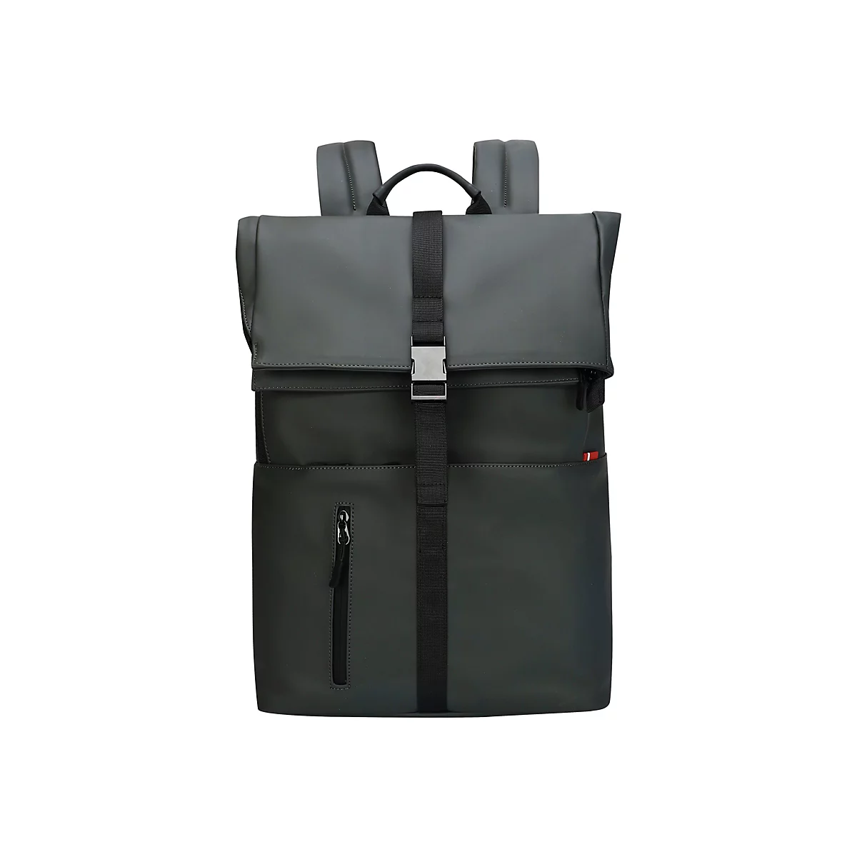 Dunkelgrauer Rucksack, mit schwarzem Verschluss und Reißverschluss.