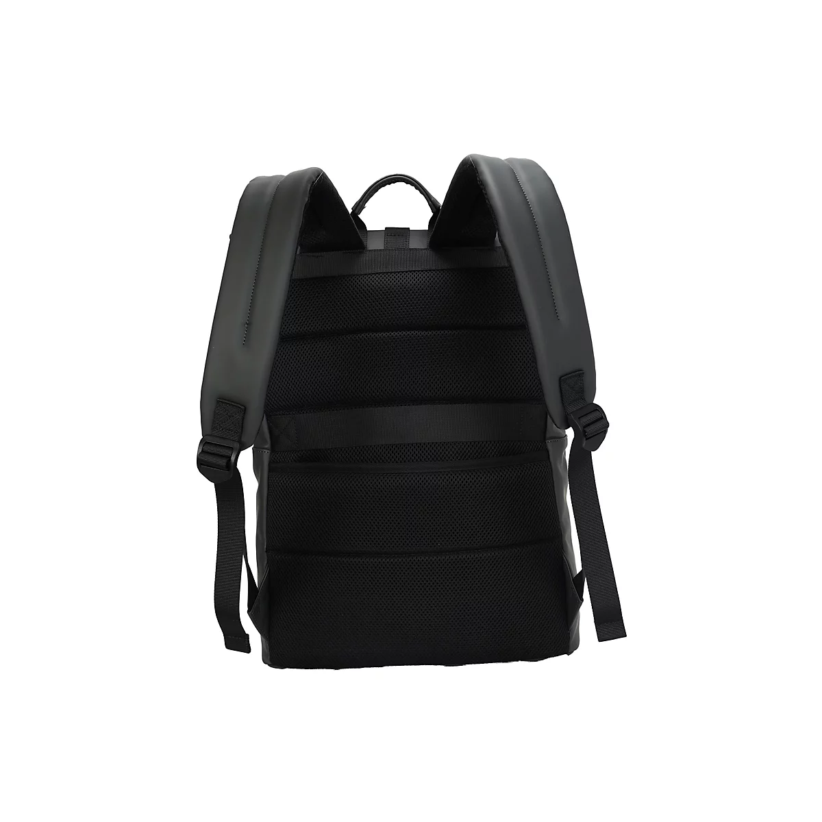 Schwarzer Rucksack von hinten, mit gepolsterten Trägern und Rückenpolsterung. Schwarze Textilriemen und ein Tragegriff.