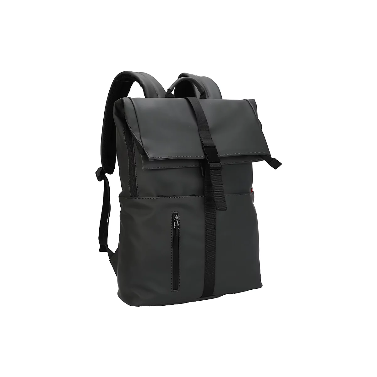 Dunkelgrauer Rucksack, mit aufgesetzter Fronttasche, Klappe und Trageriemen. Gehalten in einem minimalistischen Stil.