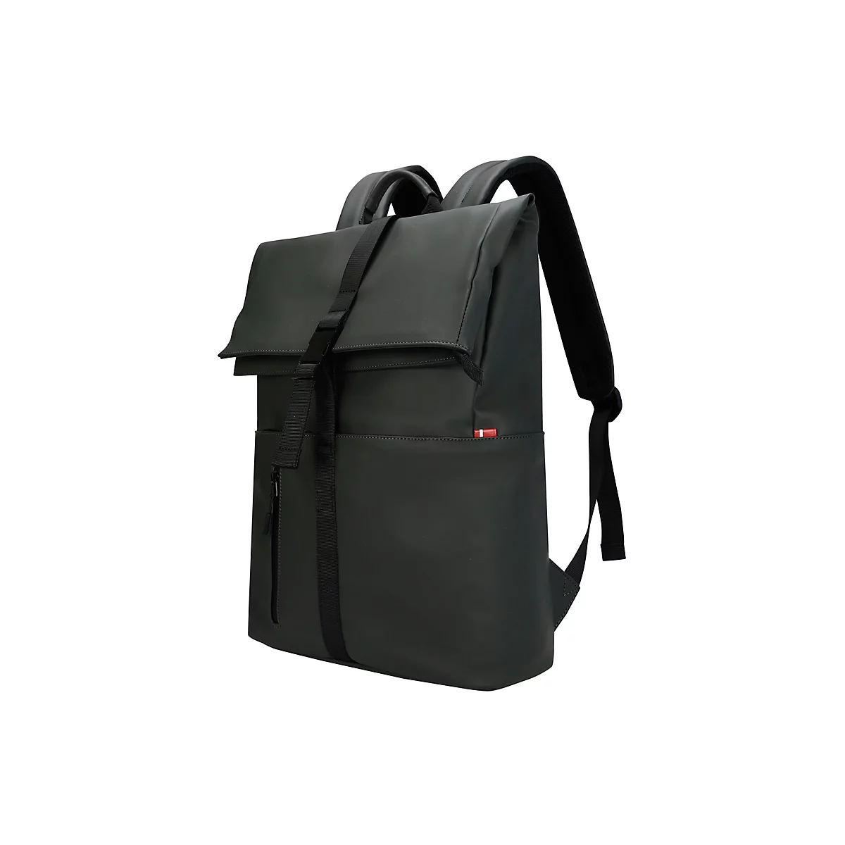 Dunkelgrüner Rucksack mit Rollverschluss und Tragegurten. Schwarze Träger und Reißverschluss.