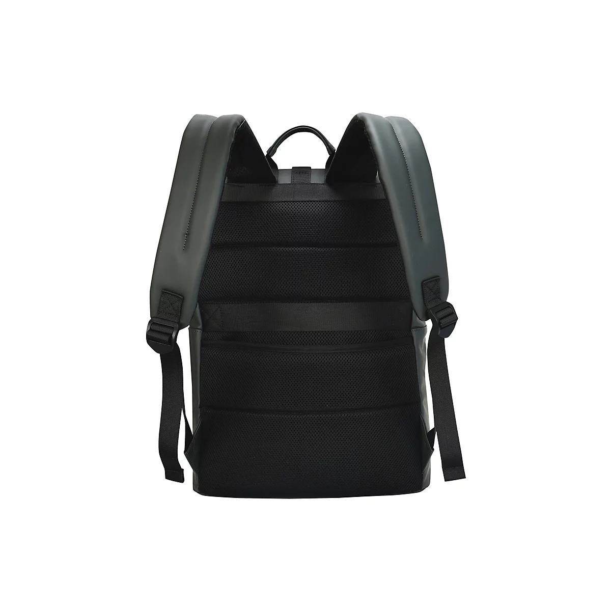 Schwarzer Rucksack von hinten, mit gepolstertem Rücken und Schultergurten.