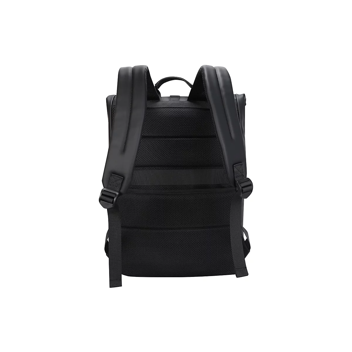 Schwarzer Rucksack von hinten, mit gepolsterten Schultergurten und Rücken. Auf weißem Hintergrund.