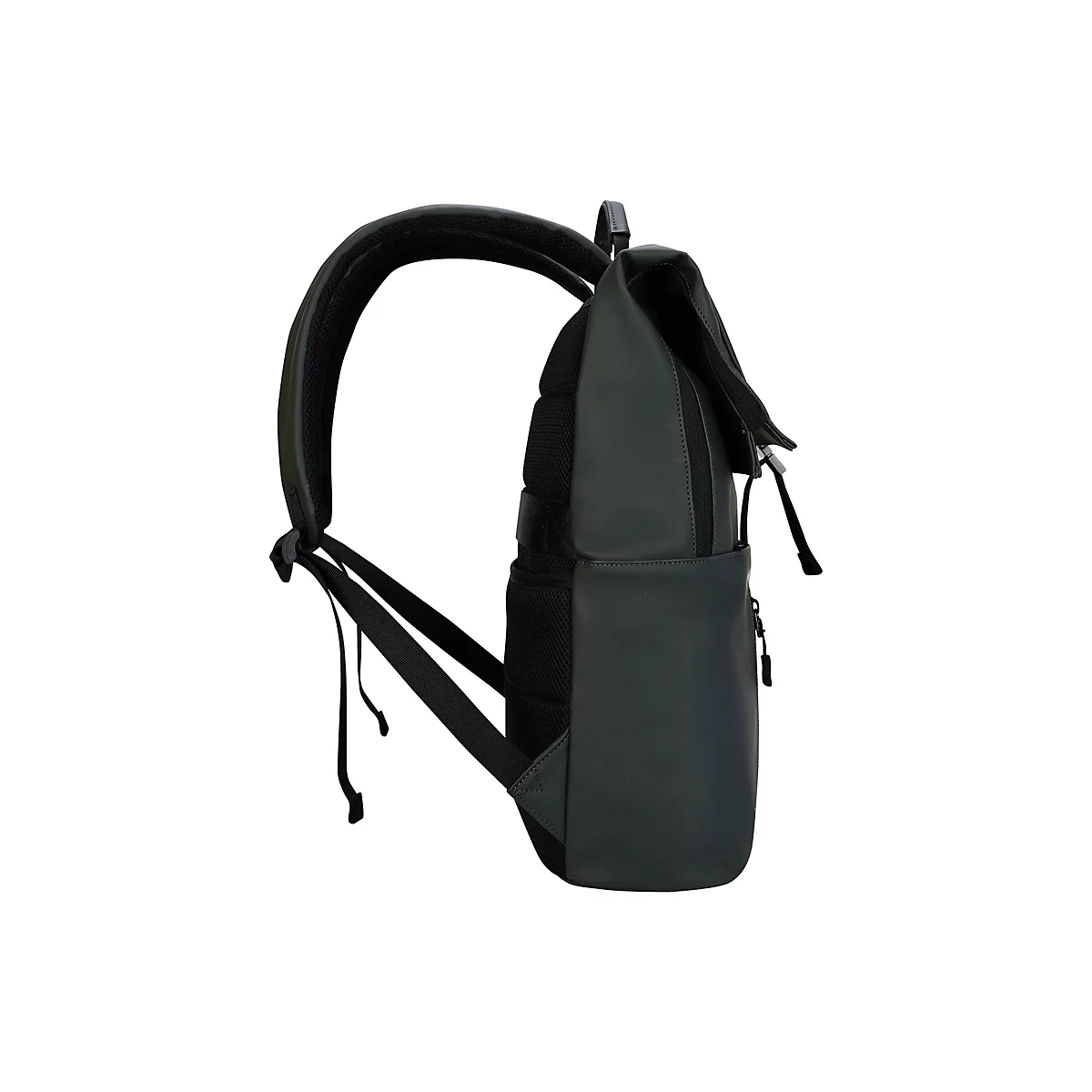 Dunkelgrauer Rucksack, seitlich betrachtet. Rechteckiger Rumpf, gepolsterte Gurte, oberer Tragegriff, Klappe. Schwarzer Reißverschluss.