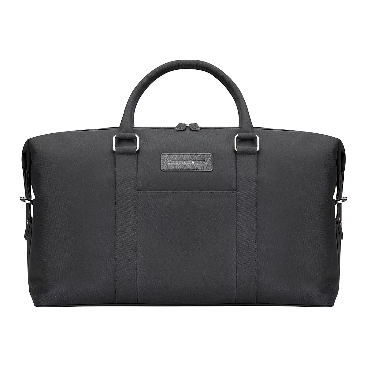 Schwarze Reisetasche mit zwei Henkeln und einem Schulterriemen, rechteckige Form, Logo-Patch, Reißverschluss.