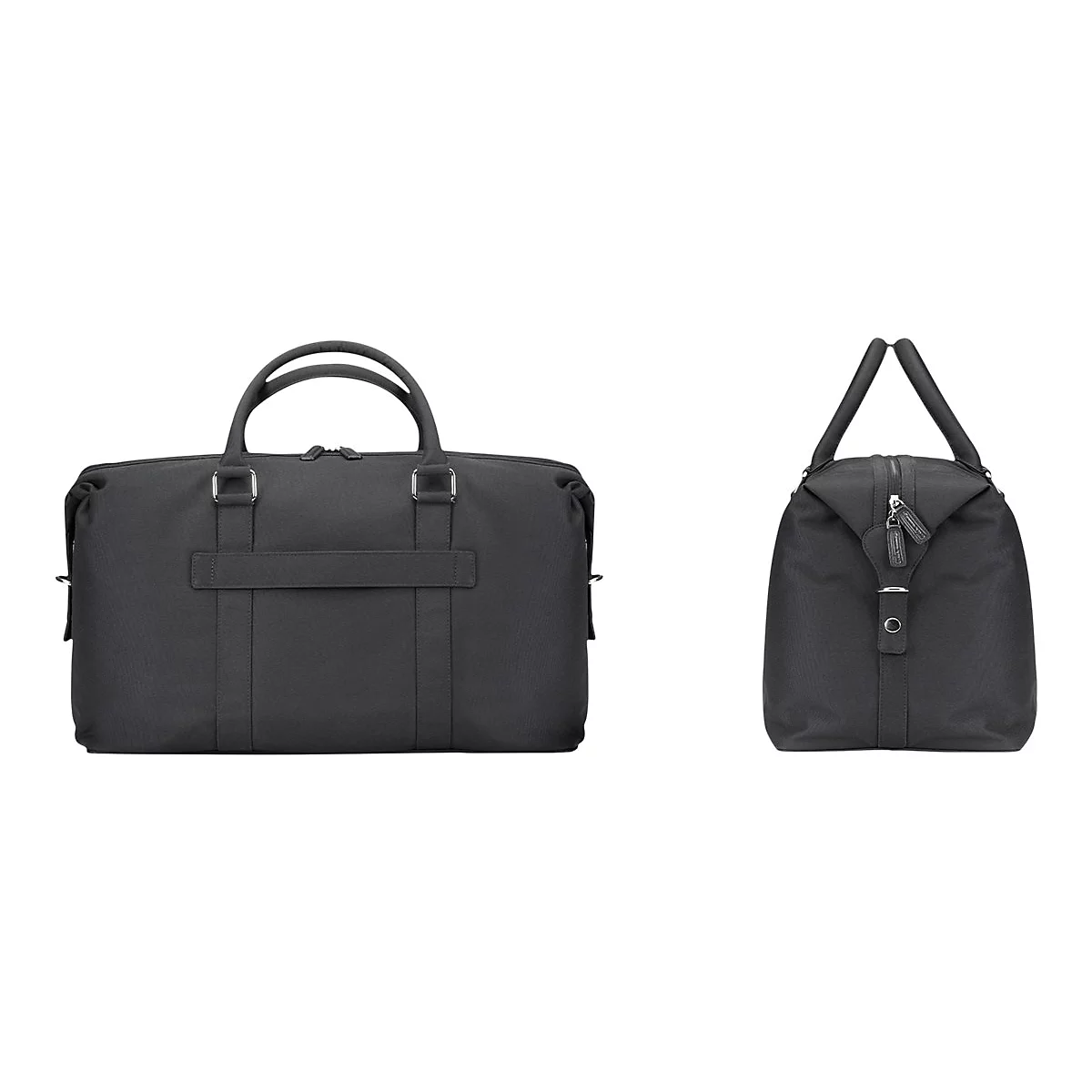 Zwei schwarze Reisetaschen, eine von vorne, eine von der Seite abgebildet. Mit Tragegriffen, Reißverschlüssen und Metallbeschlägen.