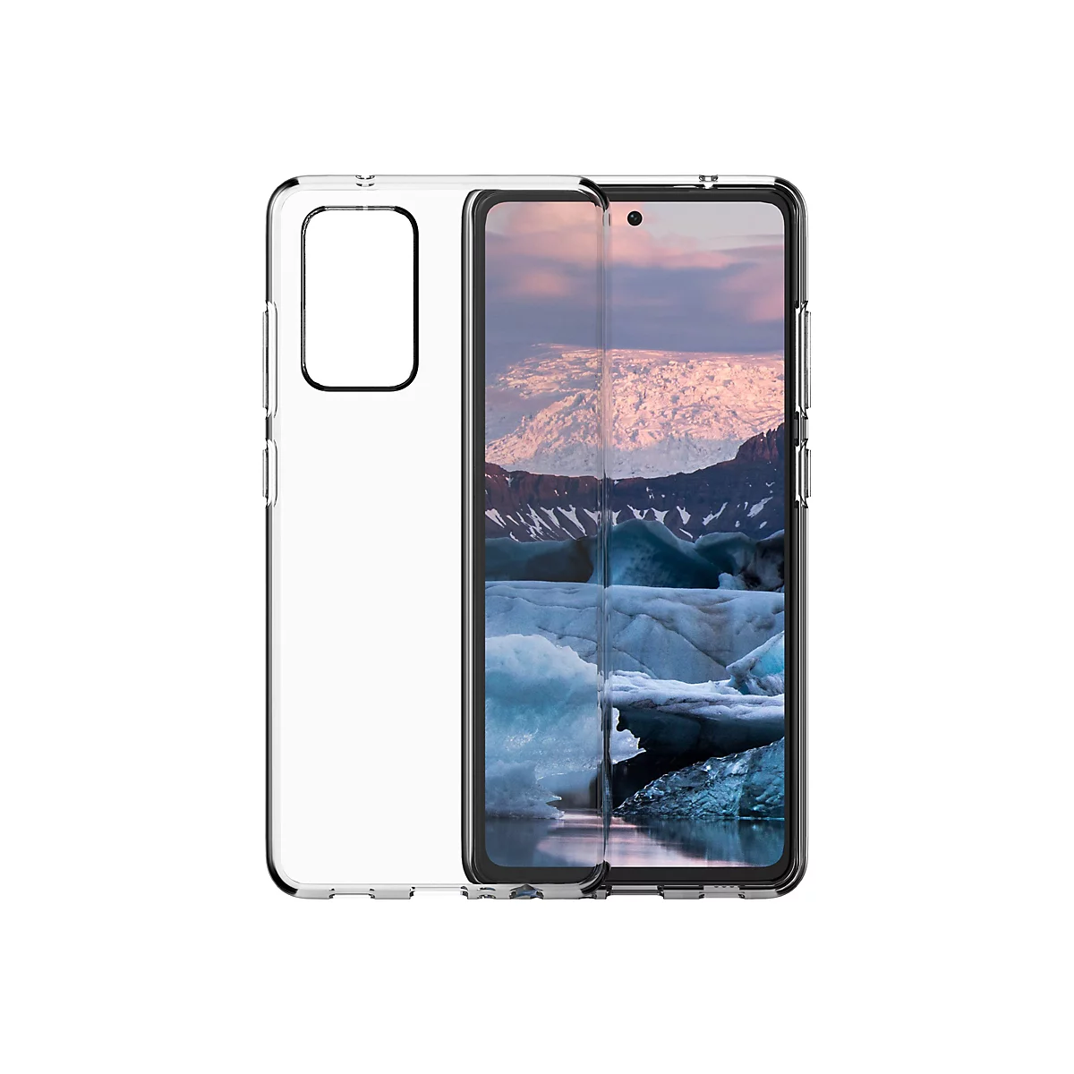 Ein durchsichtiges Handycase schützt ein Smartphone, das ein Gletscher-Landschaftsbild zeigt.