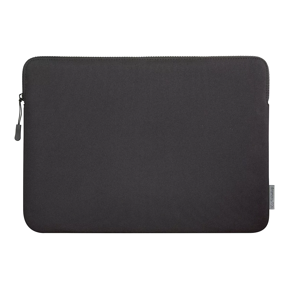 Dunkelgraue Laptoptasche mit Reißverschluss, rechteckig. Auf der rechten Seite ein kleiner Schriftzug.