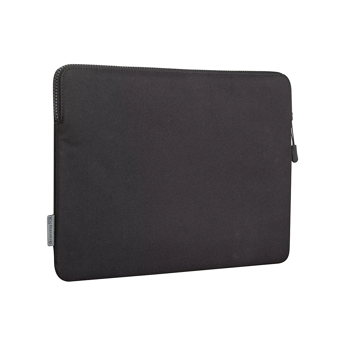 Schwarze Laptoptasche, mit Reißverschluss und Label.