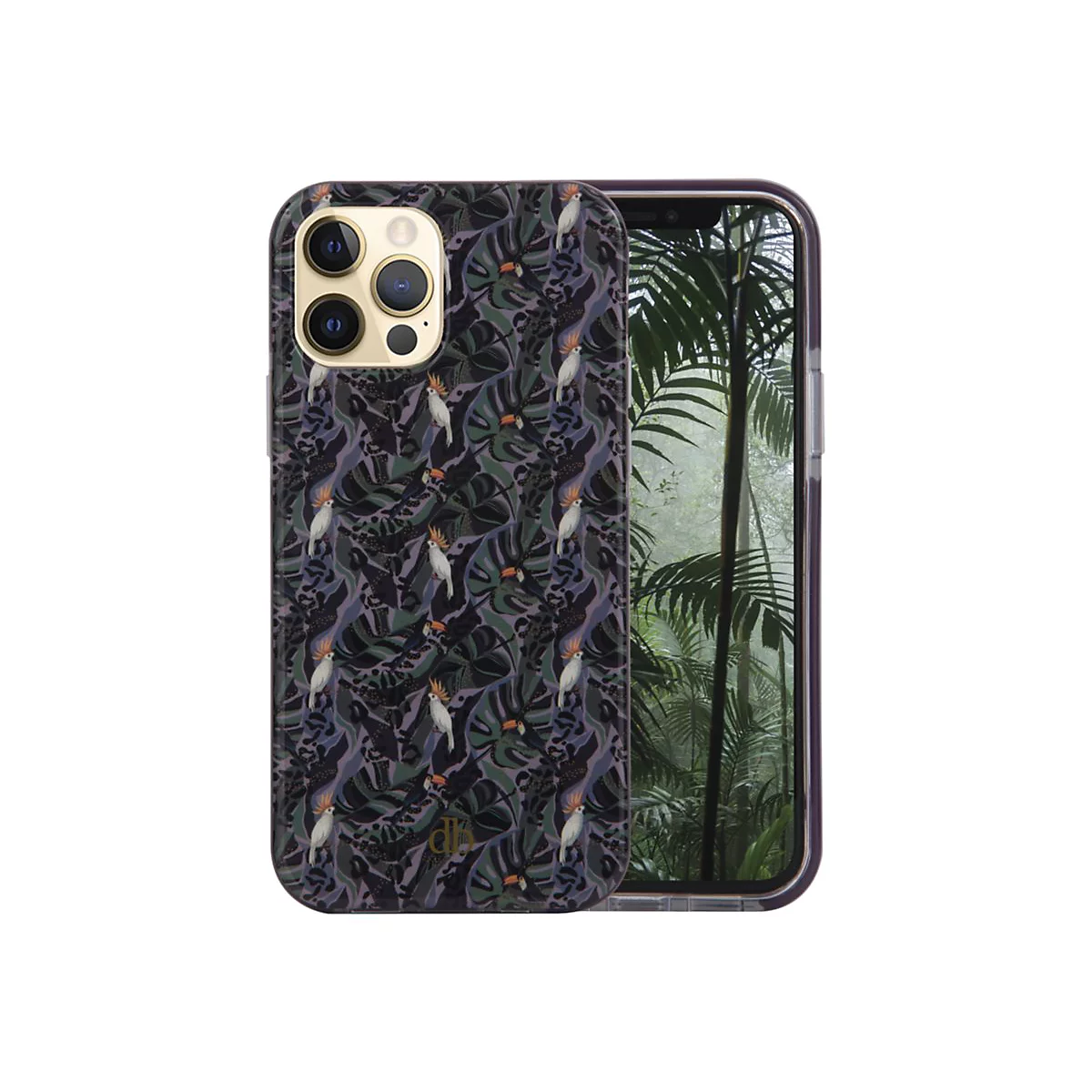 Ein iPhone mit einer Hülle im Dschungel-Design, mit Vögeln, Palmen und Blättern. Die Rückseite zeigt ein Dschungel-Motiv.