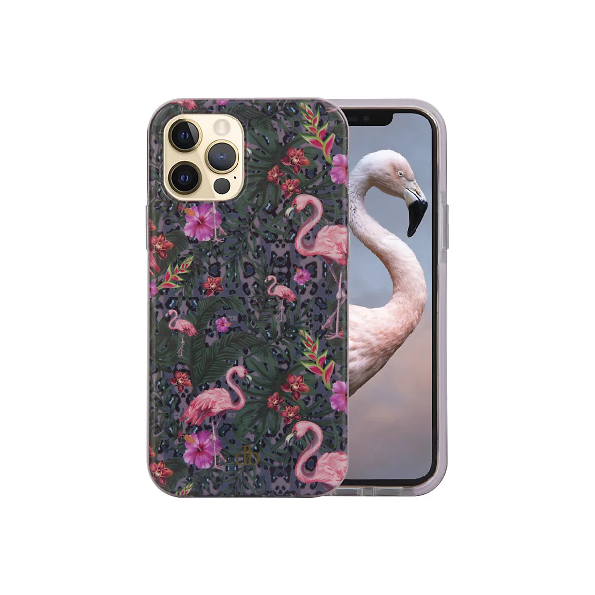 Ein iPhone mit einer Hülle im Tropenmuster mit Flamingos, Blumen und Blättern.