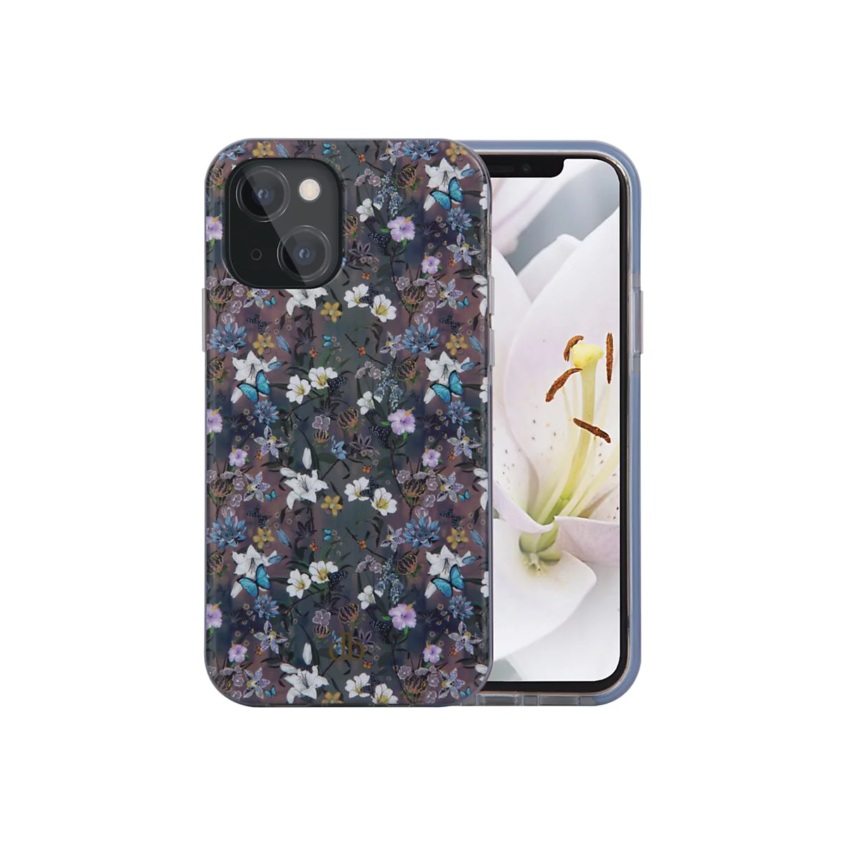 Hellblaues Smartphone-Case mit Blumenmuster: weiße Lilien, blaue Schmetterlinge und grüne Blätter auf dunklem Hintergrund.