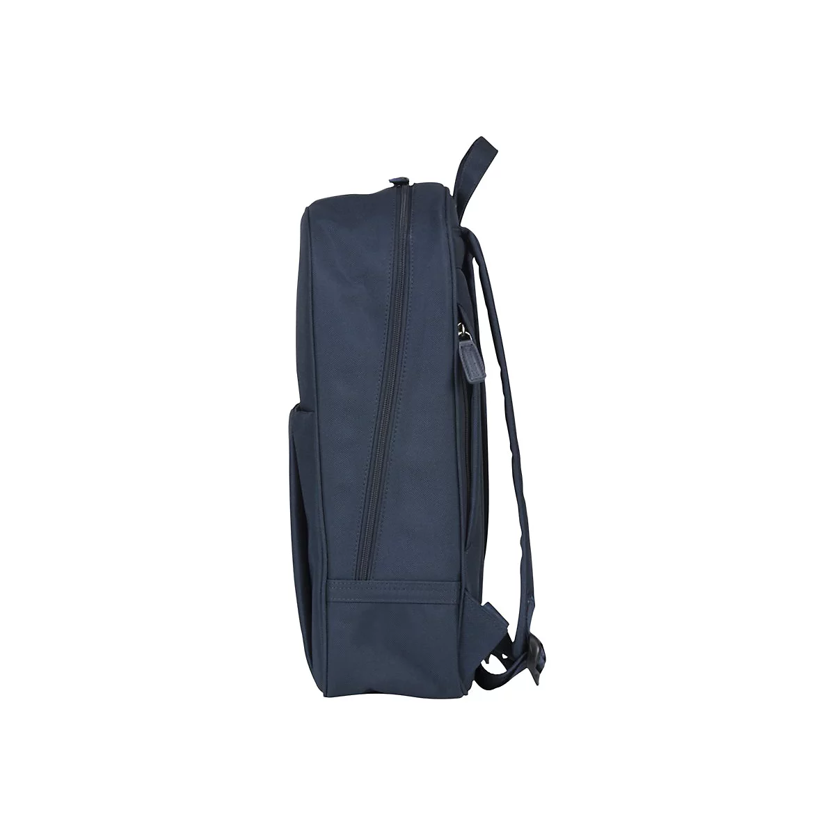 Dunkelblauer Rucksack im Profil, Reißverschluss, Tragegriff, Riemen.