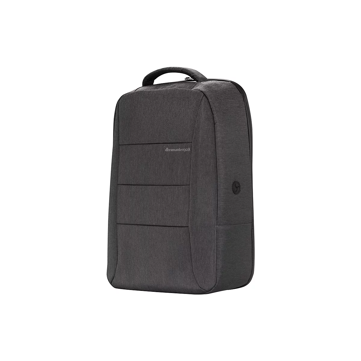 Grauer Laptop-Rucksack mit Tragegriff, drei vertikalen Ziernähten und einem runden Logo.