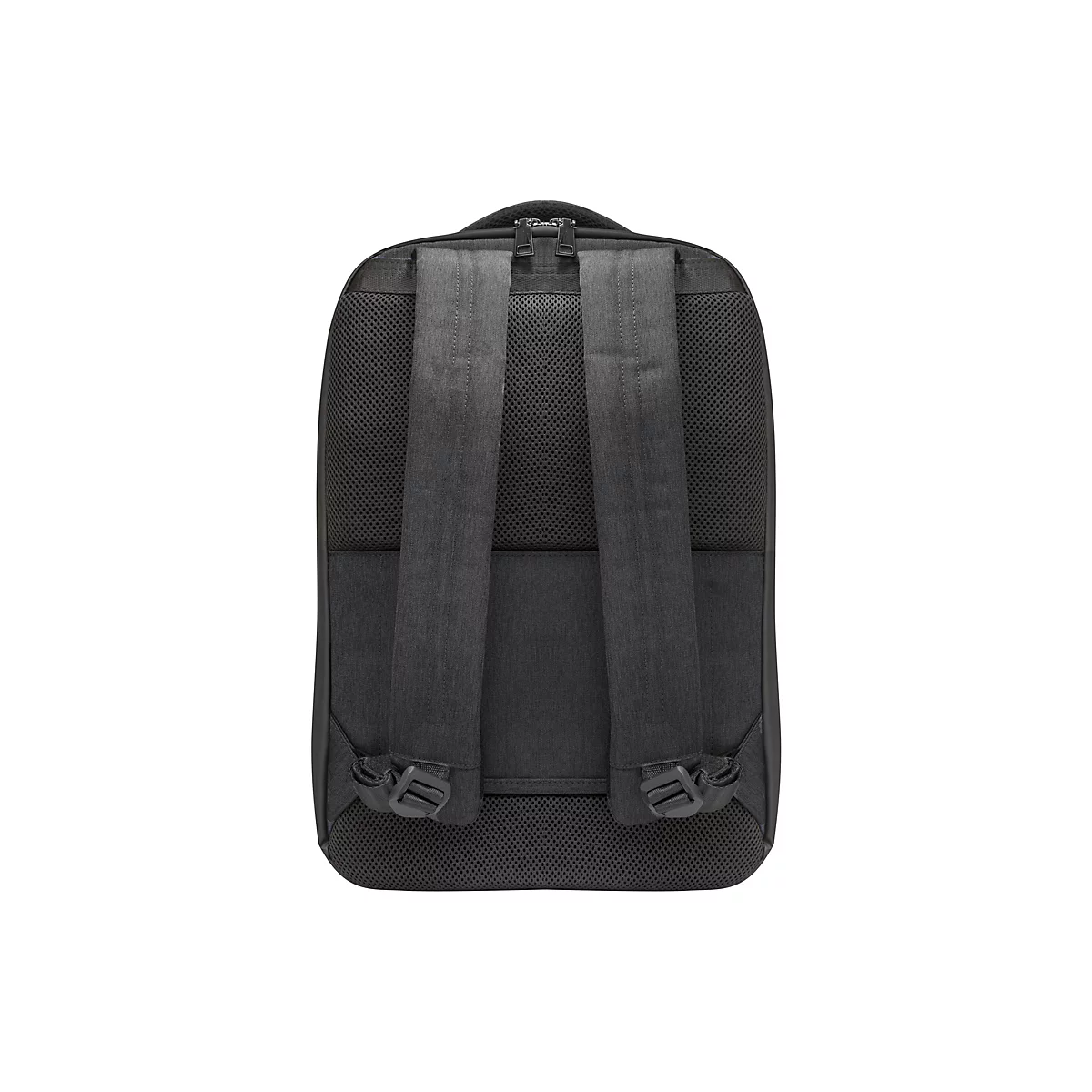 Dunkelgrauer Rucksack von hinten mit verstellbaren Trägern. Der Rücken hat ein luftiges Netz. Der Rucksack ist vor weißem Hintergrund.