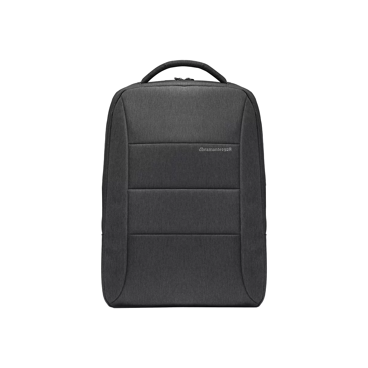 Dunkelgrauer Rucksack mit Tragegriff, vertikalen Nähten und Logo "dramante1928".