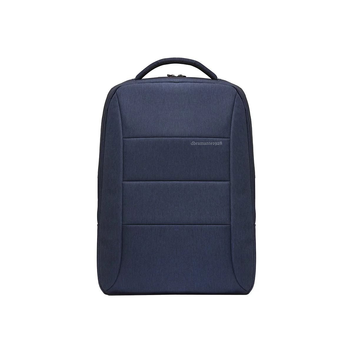 Dunkelblauer Rucksack mit Tragegriff und horizontalen Steppnähten. Aufschrift: dramante1928.