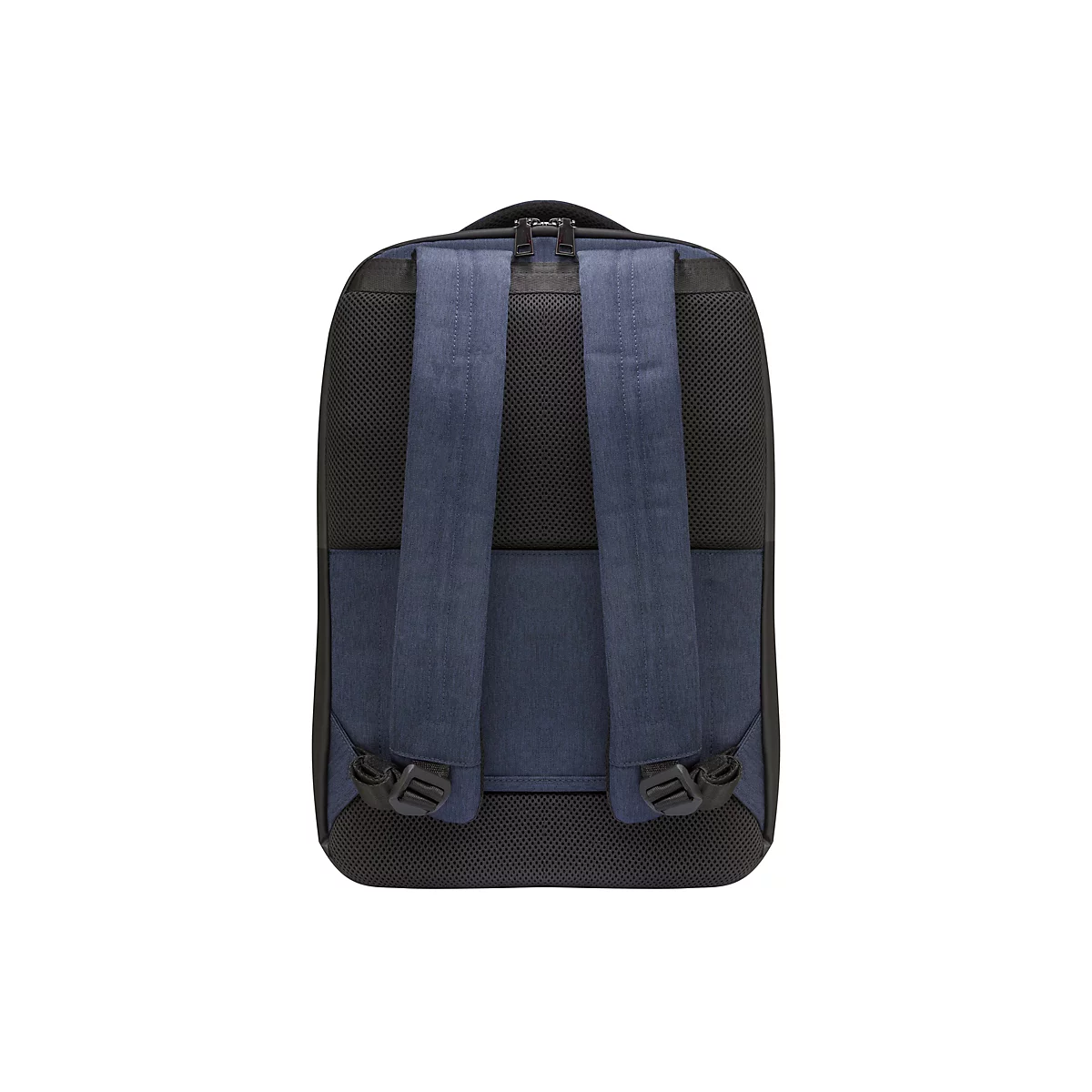 Dunkelblauer Rucksack, Rückansicht. Schwarzes Mesh-Gewebe, blaue Schultergurte.