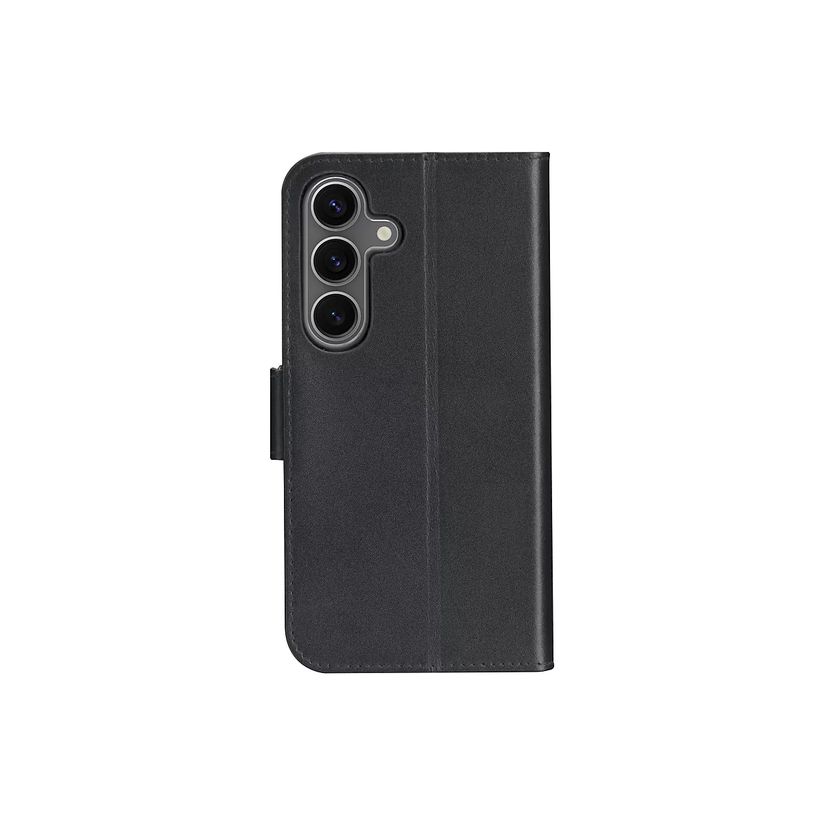 Schwarzes Handy Case in Lederoptik, mit drei Kameralinsen. Geschlossen, mit Lasche.