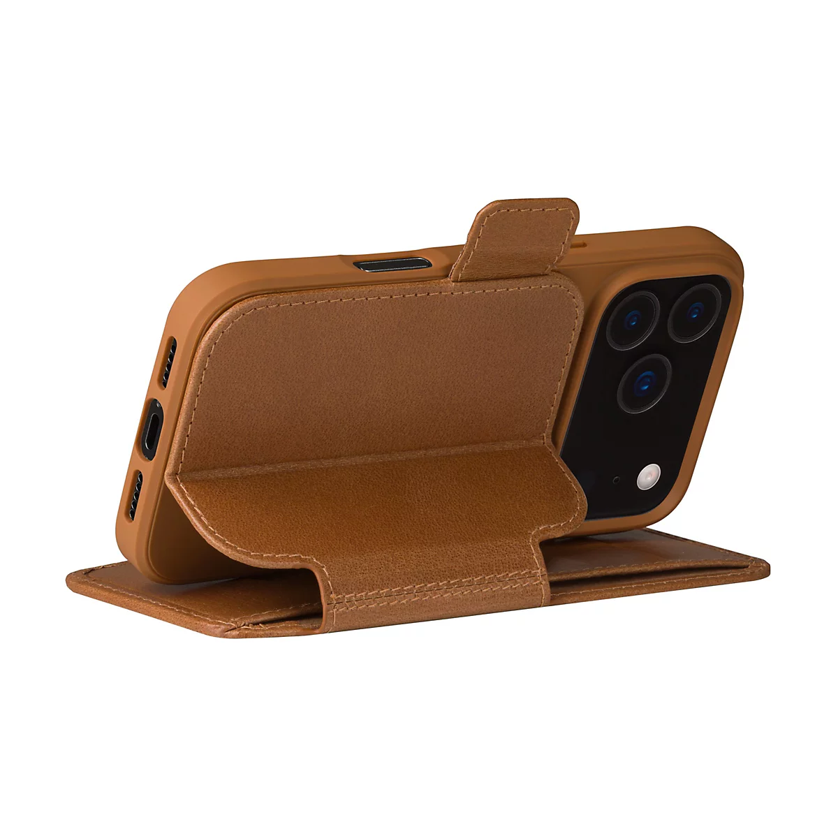 Braunes Handy-Case mit Lederoptik, aufgeklappt. Auf der Rückseite sind Kameraobjektive zu sehen.
