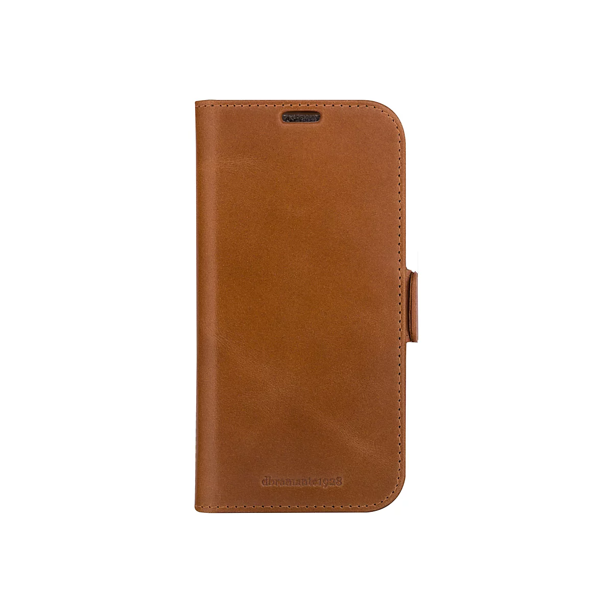 Braunes Leder-Handycase mit Klappdeckel und Magnetverschluss. Das Case hat das Markenlogo "dbramante1928".