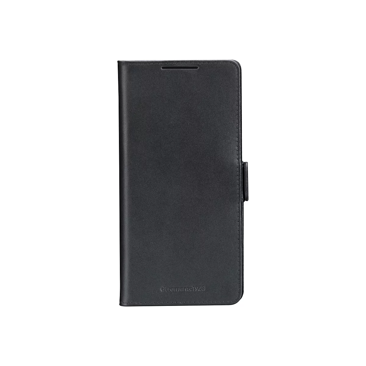 Schwarzes Handy-Case im Querformat, geschlossen. Mit Magnetverschluss und Logo.