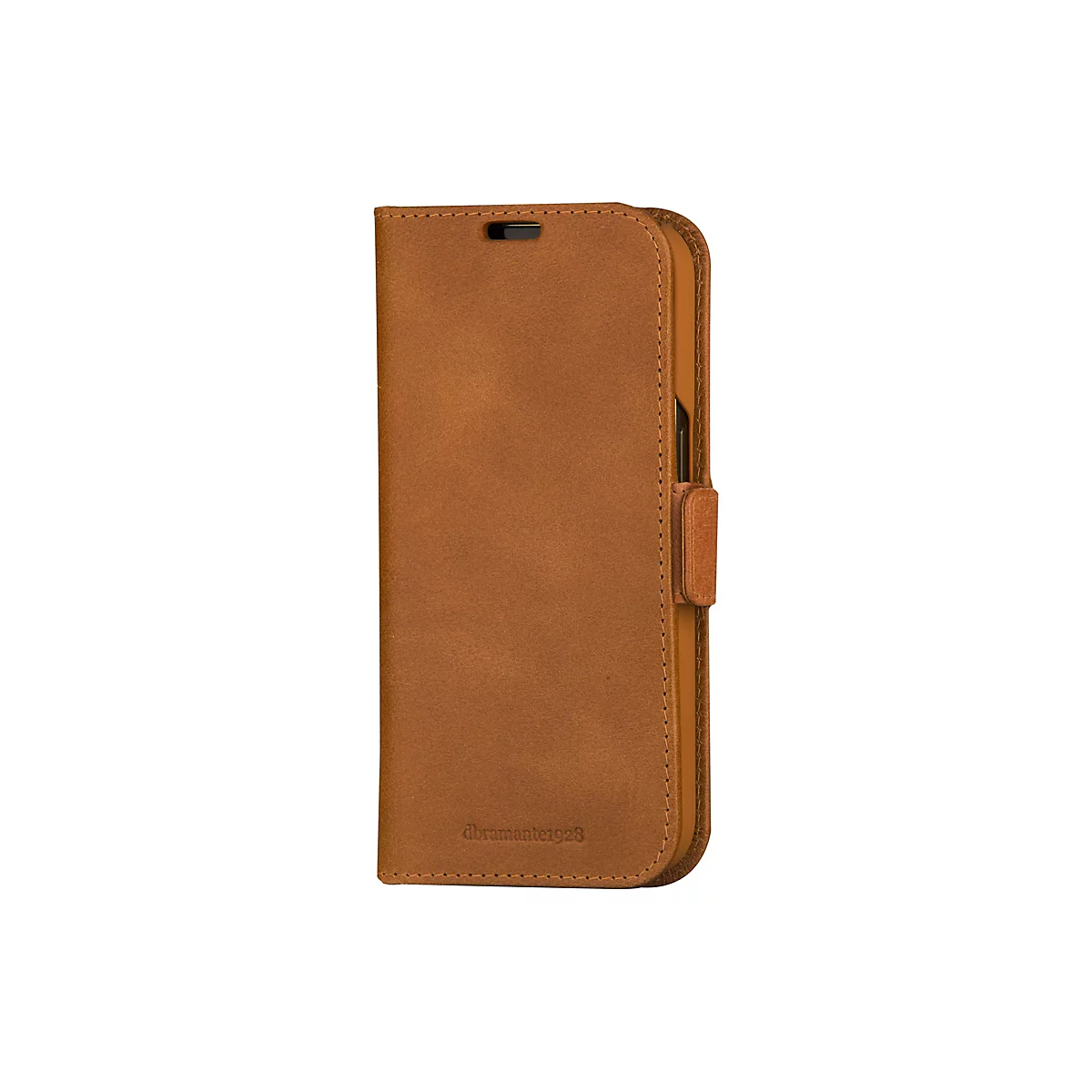 Hellbraune, lederne Handyhülle im Portemonnaie-Stil. Auf der Vorderseite befindet sich ein Verschluss und der Schriftzug "abramante1928".