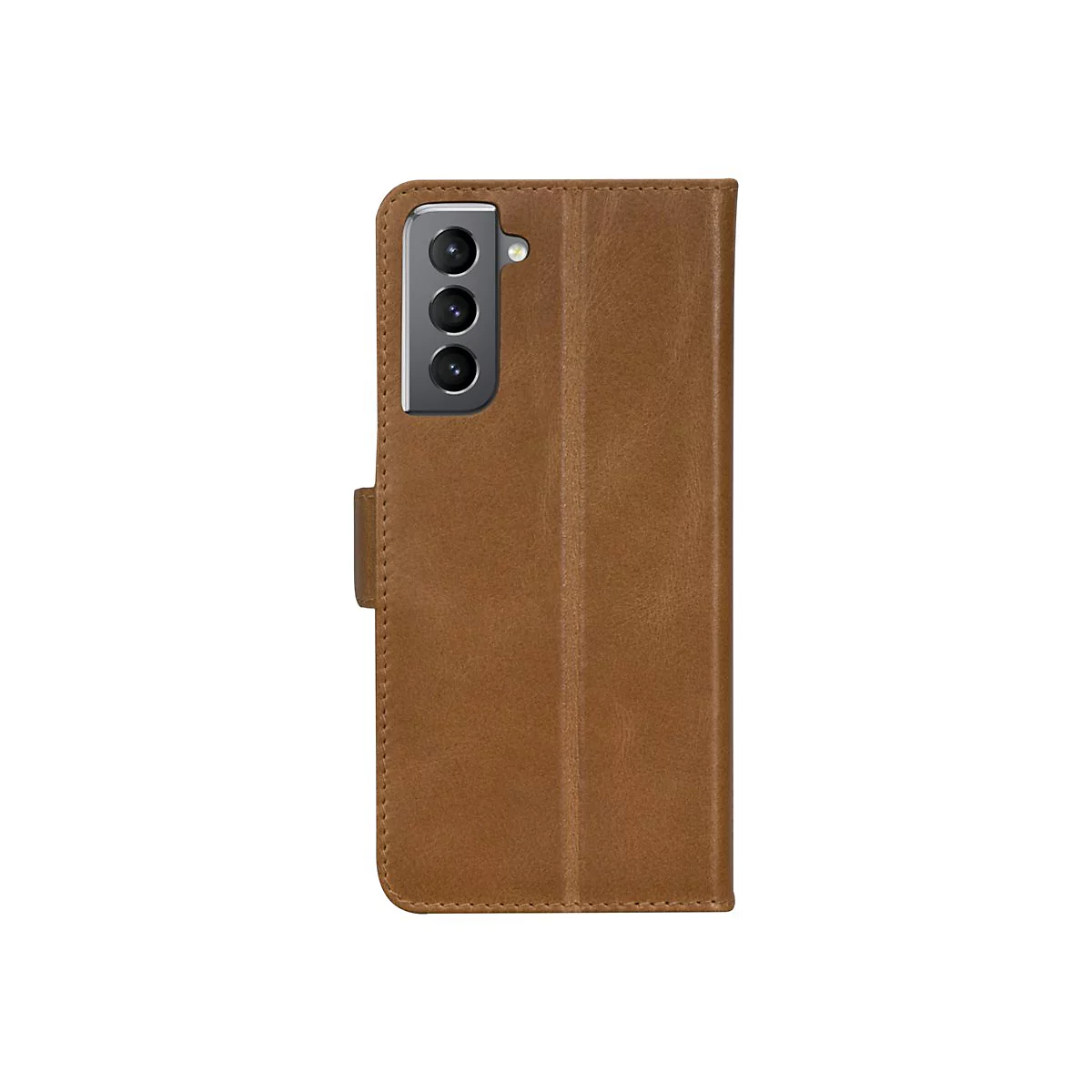 Braune Leder-Handyhülle, die ein Samsung Smartphone umhüllt. Die Kamera ist sichtbar.