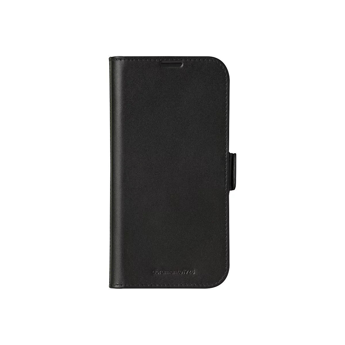 Schwarze Handyhülle aus Leder mit Klappverschluss, vor weißem Hintergrund.