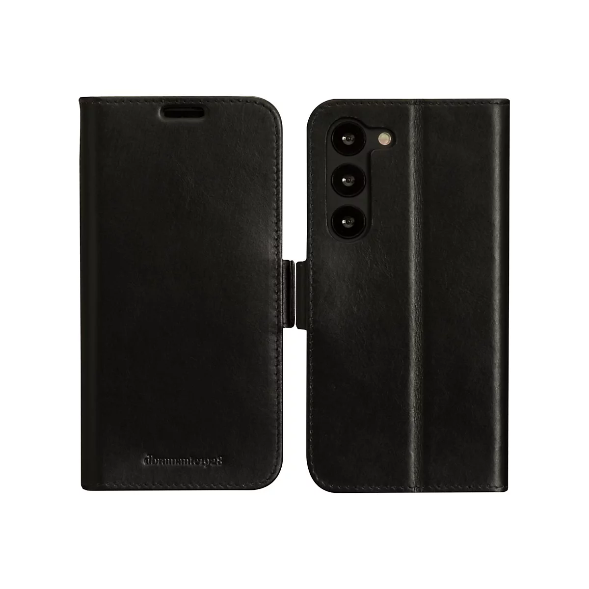 Schwarze Handyhülle aus Leder. Auf der rechten Seite sind drei Kameraobjektive zu sehen.