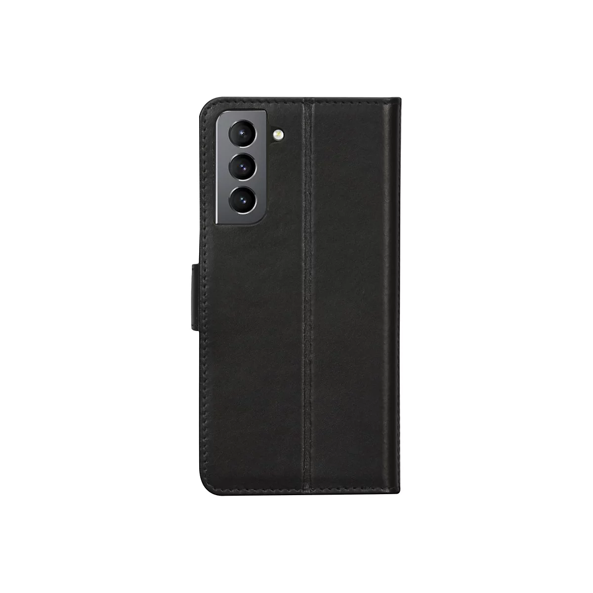 Schwarze Handyhülle mit integriertem Handy, auf weißem Hintergrund. Die Hülle ist geschlossen und hat eine Kameraaussparung.