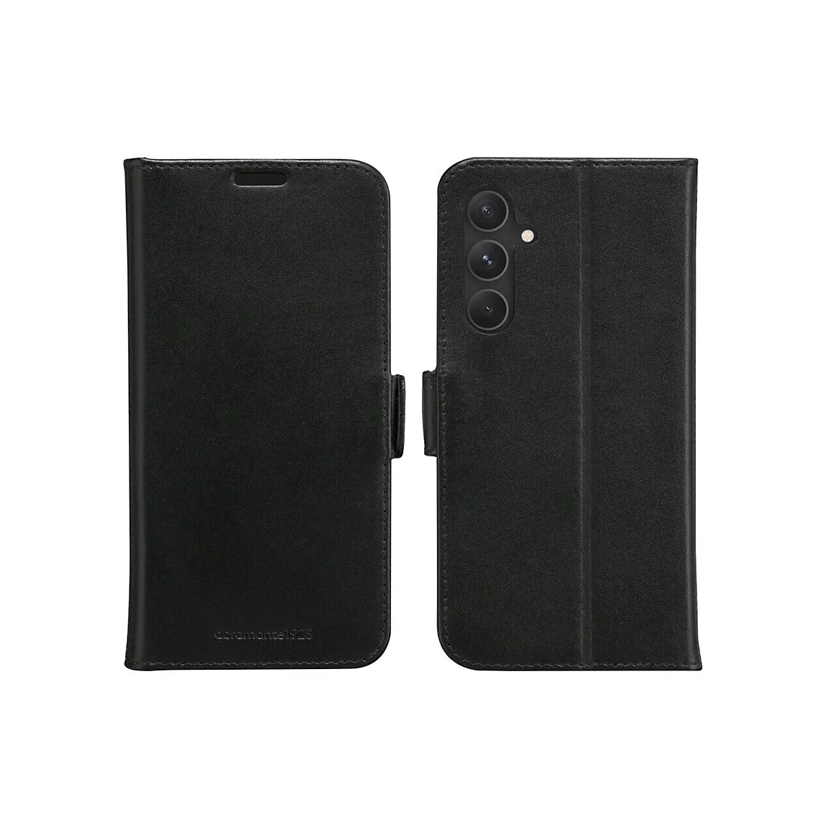 Schwarze Handyhülle, geöffnet, mit Kameras und Magnetverschluss. Aufschrift: abramante1926.