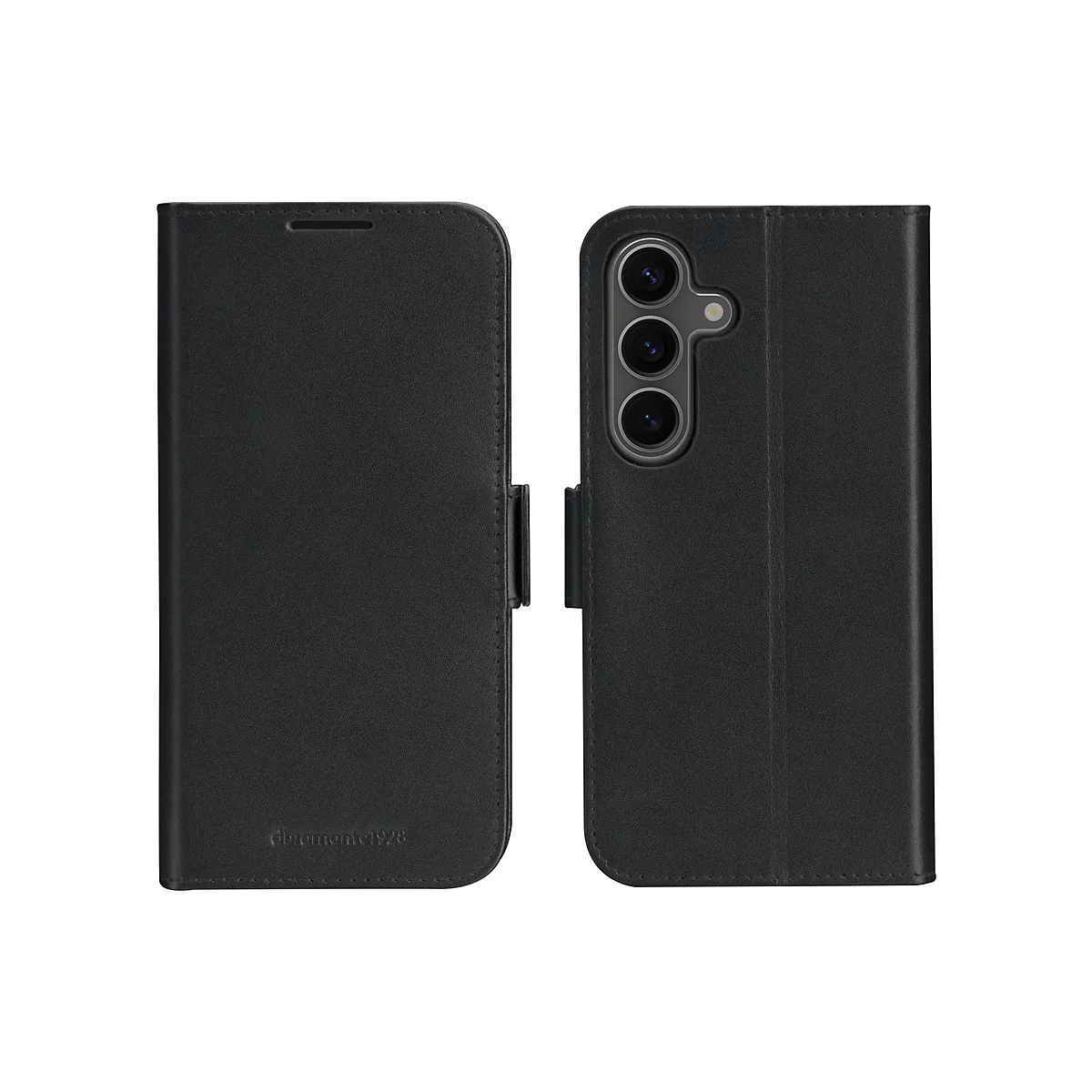 Schwarze Handyhülle mit Klappfunktion; das Telefon ist sichtbar. Auf der Vorderseite befindet sich der Schriftzug "drumontel928".