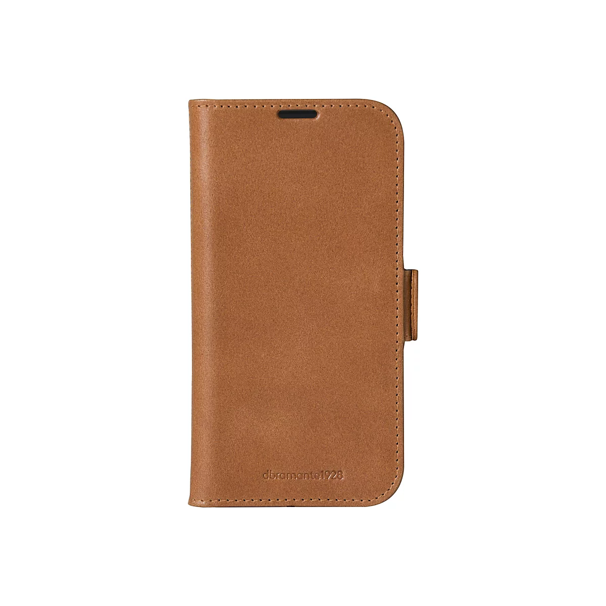Hellbraune Leder-Handyhülle im geschlossenen Zustand. Sie hat eine Lasche zum Verschließen.