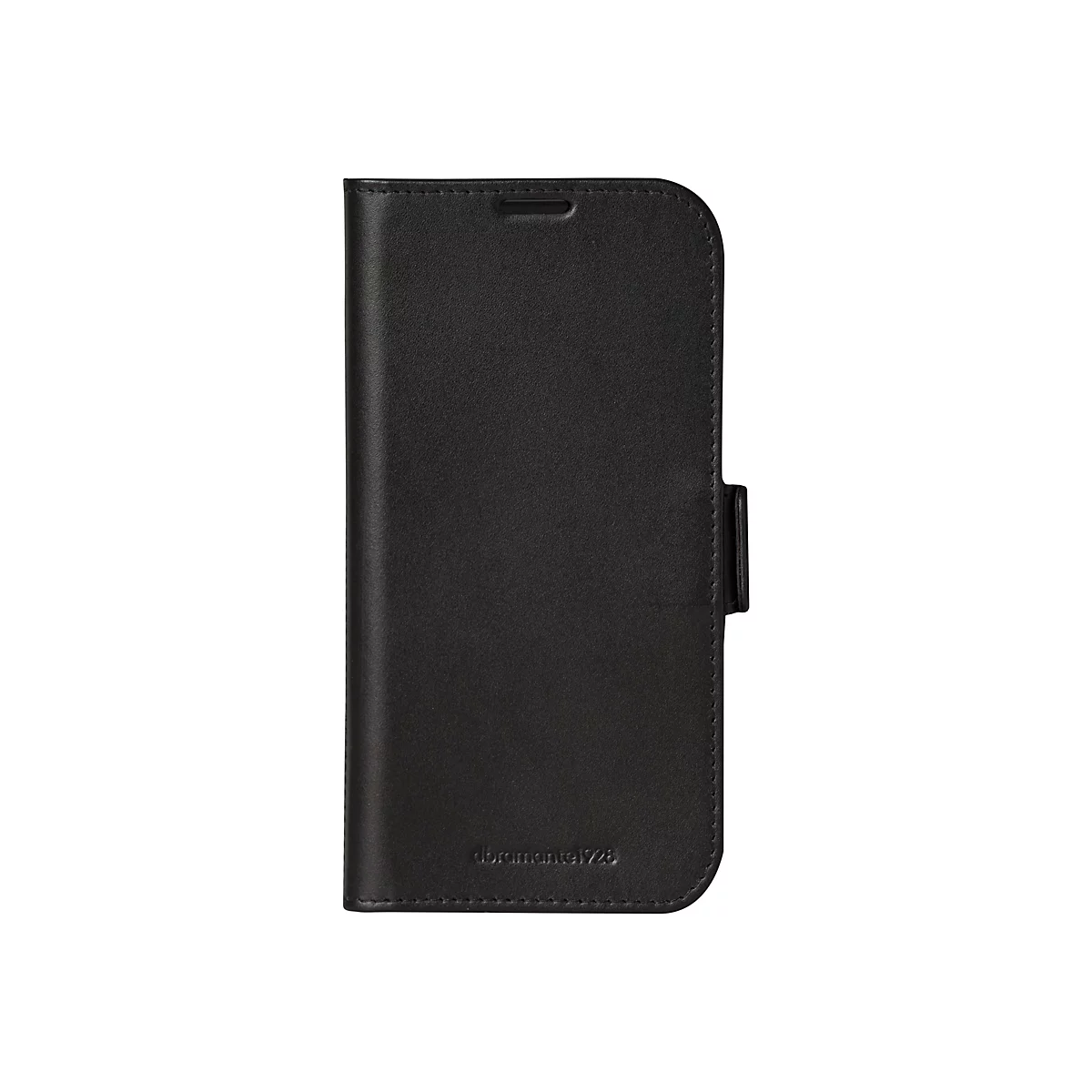 Schwarzes Handy-Etui aus Leder, hochkant vor weißem Hintergrund. Der Verschluss ist geschlossen, unten steht in Schrift "dramante1928".