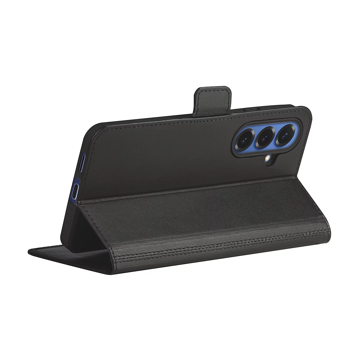 Schwarze Smartphone-Hülle in Standfunktion vor weißem Hintergrund.